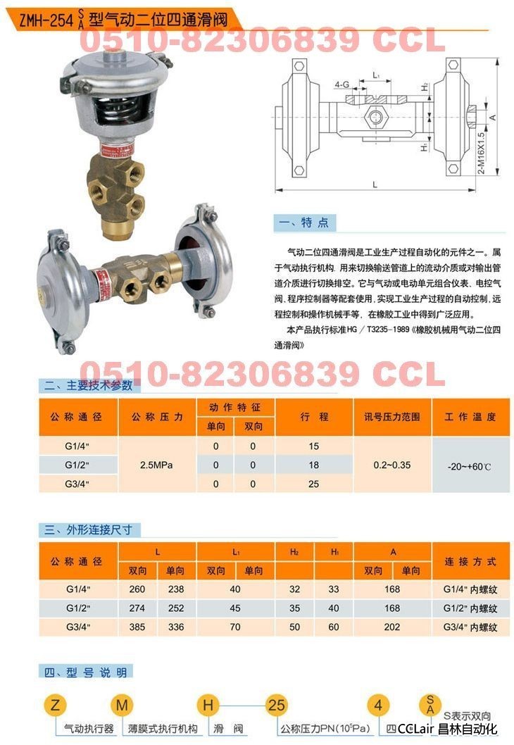 ZMH-254S   ZMH-254A   氣動(dòng)二位四通滑閥  