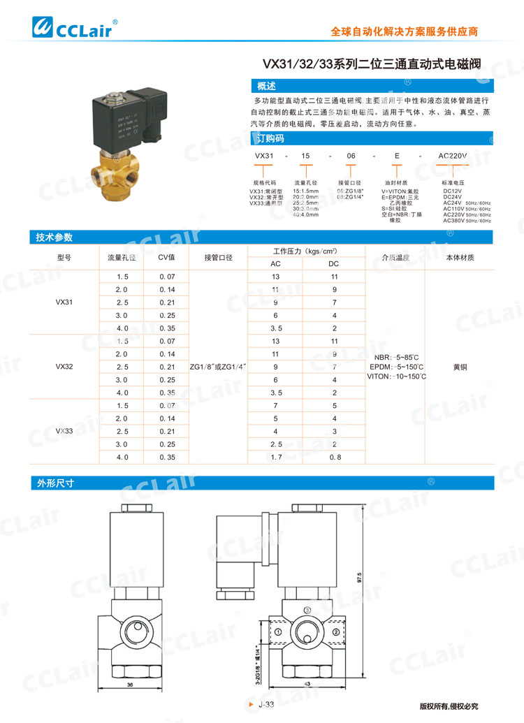 VX31、32、33系列二位三通直動式電磁閥